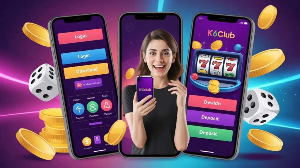 K6Club Game login and registration interface on smartphone