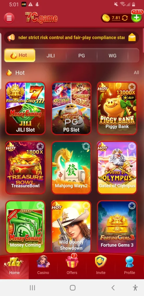 Live gaming interface in 7C Game app